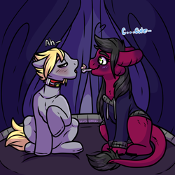 Size: 2000x2000 | Tagged: safe, artist:sexygoatgod, imported from derpibooru, oc, oc only, oc:kelp butt, pony, collar, cuntboy, cusige, duo, eyes closed, feeding, futa, herm, high res, intersex, mouth hold, oc x oc, shipping, spoon