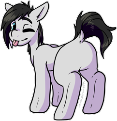 Size: 1569x1618 | Tagged: safe, artist:sexygoatgod, imported from derpibooru, oc, oc only, earth pony, pony, ;p, butt, dock, looking at you, looking back, looking back at you, male, oc name needed, one eye closed, plot, simple background, solo, tail, tongue out, transparent background