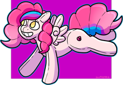 Size: 1807x1257 | Tagged: safe, artist:sexygoatgod, imported from derpibooru, oc, oc only, inflatable pony, pegasus, pony, pooltoy pony, air nozzle, female, grin, inanimate tf, inflatable, oc name needed, pool toy, smiling, solo, transformation