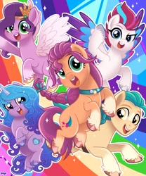 Size: 1242x1491 | Tagged: safe, artist:puyohh, imported from derpibooru, hitch trailblazer, izzy moonbow, pipp petals, sunny starscout, zipp storm, earth pony, pegasus, pony, unicorn, abstract background, adorapipp, adorazipp, blaze (coat marking), braid, coat markings, cute, facial markings, female, g5, hitchbetes, hoof fluff, izzybetes, looking at you, male, mane five (g5), mare, open mouth, pale belly, rainbow, royal sisters (g5), siblings, sisters, socks (coat markings), sparkles, stallion, sunnybetes, unshorn fetlocks, wings