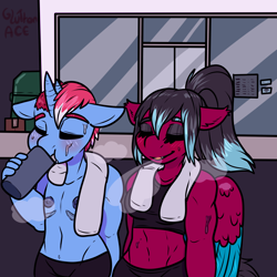 Size: 2000x2000 | Tagged: safe, artist:sexygoatgod, imported from derpibooru, oc, oc only, oc:razzmatazz gleam, anthro, bat pony, hybrid, pegasus, unicorn, blushing, breath, duo, eyes closed, female, high res, smiling, sweat, towel, transgender, visible breath, workout