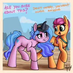 Size: 3000x3000 | Tagged: safe, artist:supermoix, imported from derpibooru, izzy moonbow, sunny starscout, earth pony, pony, unicorn, braid, cloud, cute, dialogue, female, g5, high res, izzybetes, looking at each other, mare, mountain, my little pony: a new generation, open mouth, plague doctor mask, signature, sky, sunnybetes, text, this will not end well