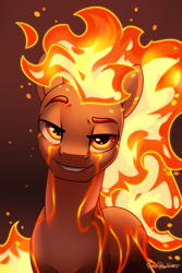 Size: 2000x3000 | Tagged: safe, artist:jedayskayvoker, imported from derpibooru, oc, oc only, pony, bust, eyebrows, fire, high res, icon, looking at you, male, mane on fire, oc name needed, oc needed, patreon, patreon reward, portrait, solo, stallion