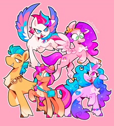 Size: 1846x2048 | Tagged: safe, artist:swirlseypop, imported from derpibooru, hitch trailblazer, izzy moonbow, pipp petals, sunny starscout, zipp storm, earth pony, pegasus, pony, unicorn, adorapipp, adorazipp, bag, blaze (coat marking), bracelet, chest fluff, coat markings, colored hooves, colored wings, cute, facial markings, female, floating, flying, g5, hitchbetes, izzybetes, jewelry, lidded eyes, male, mane five (g5), mare, one eye closed, open mouth, pale belly, pin, pink background, pins, raised hoof, sash, simple background, smiling, socks (coat markings), spread wings, stallion, sunnybetes, unshorn fetlocks, wings