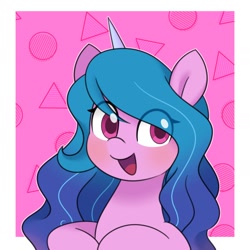 Size: 1412x1412 | Tagged: safe, artist:ch-chau, imported from derpibooru, izzy moonbow, pony, unicorn, abstract background, blushing, bust, circle, cute, female, g5, izzybetes, looking at you, mare, open mouth, portrait, solo, triangle