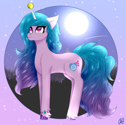 Size: 855x853 | Tagged: safe, artist:aber6823, imported from derpibooru, izzy moonbow, pony, unicorn, abstract background, ball, bracelet, coat markings, female, g5, horn, horn guard, horn impalement, hornball, jewelry, looking up, mare, moon, night, socks (coat markings), solo, stars, tennis ball, unshorn fetlocks