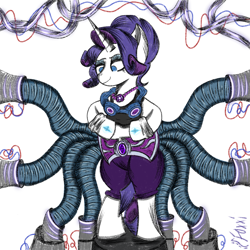 Size: 2048x2048 | Tagged: safe, artist:blazep0ny, imported from derpibooru, rarity, monster pony, octopony, original species, pony, unicorn, alternate universe, antagonist, belt, colored sketch, cute, doctor octopus, evil rarity, goggles, high res, laboratory, robot arms, tentacles, villainess