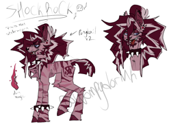 Size: 1024x768 | Tagged: safe, artist:wompydormk, imported from derpibooru, oc, oc:shockrock, pony, unicorn, zebra, zebracorn, choker, drawing, ear piercing, fluffy, horn, pierced ears, piercing, pink pony, ponysona, punk, reference sheet, shockrock, skull cutie mark, spiked choker, spikey mane, stripes, unicorn oc, zebra oc