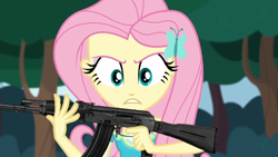 Size: 1280x720 | Tagged: safe, artist:edy_january, edit, edited screencap, imported from derpibooru, screencap, vector edit, fluttershy, equestria girls, equestria girls series, stressed in show, stressed in show: fluttershy, ak-74m, angry, assault rifle, call of duty, firearms, gun, hunter, hunting, rifle, solo, vector, weapon