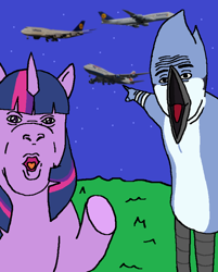 Size: 640x797 | Tagged: safe, artist:sir5000, imported from derpibooru, twilight sparkle, bird, blue jay, pony, unicorn, :o, abomination, aeroplanes and meteor showers, airplanes (song), boeing 747, british airways, crossing the memes, crossover, crossover shipping, faic, female, funny, funny as hell, lufthansa, male, meme, mordecai, mordetwi, open mouth, plane, pointing, ponified meme, regular show, shipping, soyboy, soyjak, straight, stylistic suck, unicorn twilight, wojak, wtf