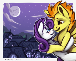 Size: 2560x2048 | Tagged: safe, artist:miramore, imported from derpibooru, rarity, spitfire, pegasus, pony, unicorn, 2021, border, cloud, crack shipping, cute, fanfic, female, flying, high res, horn, lantern, lesbian, moon, night, ponyville, rarifire, romantic, shipping, signature, stars, town, white outline, wings