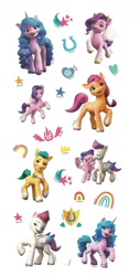 Size: 802x1582 | Tagged: safe, imported from derpibooru, hitch trailblazer, izzy moonbow, pipp petals, sunny starscout, zipp storm, earth pony, pegasus, pony, unicorn, cellphone, cutie mark, female, g5, male, mane five (g5), mare, my little pony: a new generation, phone, rainbow, scan, selfie, simple background, smartphone, stallion, stars, sticker, text, white background, zipp is not amused, zipp storm is not amused