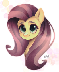 Size: 1210x1463 | Tagged: safe, artist:llazyart, imported from derpibooru, fluttershy, pony, abstract background, blushing, bust, eyebrows, female, looking at you, mare, portrait, smiling, solo, three quarter view