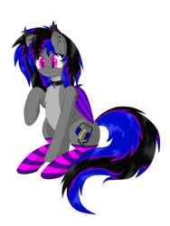 Size: 3024x4032 | Tagged: safe, artist:officiallunardj, imported from derpibooru, oc, oc only, oc:lunar midnight, bat pony, pony, chest fluff, clothes, collar, simple background, socks, solo, striped socks, white background