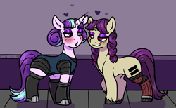 Size: 1971x1218 | Tagged: safe, artist:sexygoatgod, imported from derpibooru, starlight glimmer, oc, oc:banshee bye, pony, unicorn, amputee, broken horn, canon x oc, clothes, duo, equal cutie mark, female, floating heart, grin, heart, horn, lesbian, prosthetic leg, prosthetic limb, prosthetics, smiling, uniform