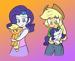 Size: 1045x857 | Tagged: safe, artist:zutcha, imported from derpibooru, applejack, rarity, earth pony, pony, unicorn, equestria girls, :t, cute, eyes closed, female, holding a pony, human ponidox, jackabetes, lesbian, raribetes, rarijack, self ponidox, shipping, smiling