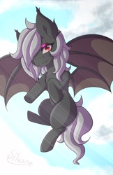 Size: 1325x2048 | Tagged: safe, artist:silvanadraws, imported from derpibooru, oc, oc:karen, bat pony, bat pony oc, cloud, flying, looking at you, red eyes, smiling, smiling at you