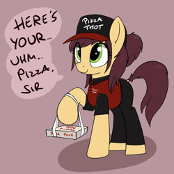 Size: 1648x1650 | Tagged: safe, artist:whiskeypanda, imported from derpibooru, oc, oc only, earth pony, pony, clothes, delivery pony, eye clipping through hair, female, food, mare, pizza, pizza box, pizza thot, requested art, simple background, solo, text, uniform