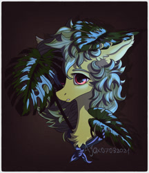 Size: 2149x2484 | Tagged: safe, artist:ajax, artist:willdrawhere, imported from derpibooru, oc, oc only, oc:mirta whoowlms, earth pony, pony, bust, dark, high res, leaves, monstera, mostera leaves, portrait, solo