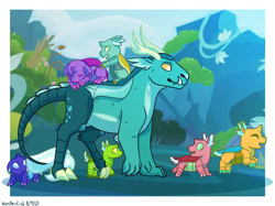 Size: 1280x957 | Tagged: safe, artist:quincydragon, imported from derpibooru, oc, oc only, oc:cerci, oc:coxal, oc:dewdrop, oc:drone, oc:hexa, oc:perennial, oc:stemma, dragonling, interspecies offspring, magical gay spawn, offspring, parent:garble, parent:pharynx