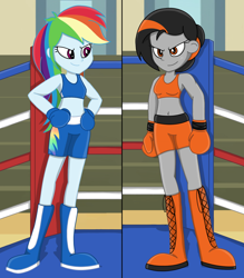 Size: 1400x1600 | Tagged: safe, artist:toyminator900, imported from derpibooru, rainbow dash, oc, oc:dusk strike, equestria girls, boxing, boxing gloves, boxing ring, clothes, gym, sports, sports bra