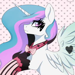 Size: 2200x2200 | Tagged: safe, artist:chickenbrony, artist:cottonaime, imported from derpibooru, princess celestia, alicorn, pony, bowtie, female, goth, high res, looking at you, ponymania, punklestia, solo, spread wings, wings