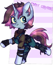Size: 967x1180 | Tagged: safe, artist:ube, artist:ubebreb, imported from derpibooru, oc, oc only, oc:candy carousel, pony, unicorn, fallout equestria, ashes town, bandage, bandana, chibi, clothes, engineer, fallout equestria oc, horn, overalls, simple background, smol, sweater, turtleneck, unicorn oc