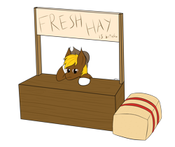 Size: 4094x3448 | Tagged: safe, artist:wapamario63, imported from ponybooru, oc, oc only, oc:acres, earth pony, pony, blonde, blonde mane, bored, brown coat, colored, commission, cowboy hat, flat colors, hat, hay, hay bale, male, sign, simple background, solo, stallion, stand, transparent background