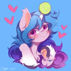 Size: 2000x2000 | Tagged: safe, artist:tangxi_0, imported from derpibooru, izzy moonbow, pony, unicorn, ball, blue background, blushing, bracelet, coat markings, cute, female, g5, heart, high res, hoof fluff, horn, horn guard, horn impalement, hornball, izzy's tennis ball, izzybetes, jewelry, looking at you, mare, simple background, socks (coat markings), solo, tennis ball, unshorn fetlocks