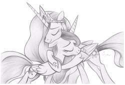 Size: 4096x2792 | Tagged: safe, artist:fladdrarblyg, imported from derpibooru, princess celestia, princess luna, alicorn, pony, eyes closed, female, floppy ears, happy, hug, royal sisters, siblings, sisters, smiling, traditional art