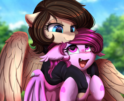 Size: 3215x2640 | Tagged: safe, artist:pridark, imported from derpibooru, oc, oc only, oc:asmudera, oc:staffie, bat pony, pegasus, pony, bat pony oc, bat wings, bust, commission, cute, duo, high res, hug, looking at each other, ocbetes, open mouth, portrait, smiling, wings