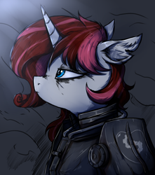 Size: 1900x2150 | Tagged: source needed, safe, artist:tatykin, imported from derpibooru, oc, oc only, oc:haemella, anthro, unicorn, fallout equestria, armor, bags under eyes, power armor, solo, torn ear