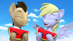 Size: 3840x2160 | Tagged: safe, artist:owlpirate, imported from derpibooru, derpy hooves, doctor whooves, time turner, earth pony, pegasus, pony, 3d, cloud, eyes closed, food, fruit, herbivore, high res, open mouth, sky, source filmmaker, watermelon