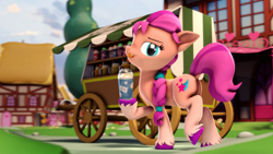 Size: 3840x2160 | Tagged: safe, artist:psfmer, imported from derpibooru, sunny starscout, earth pony, pony, 3d, :p, butt, female, g4, g5, g5 to g4, generation leap, high res, hoof hold, mare, milkshake, plot, solo, source filmmaker, tongue out