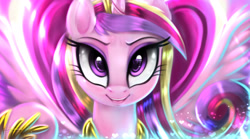 Size: 3000x1673 | Tagged: safe, artist:darksly, imported from derpibooru, princess cadance, alicorn, pony, female, heart eyes, hoof hold, jewelry, looking at you, mare, regalia, smiling, smiling at you, solo, wingding eyes