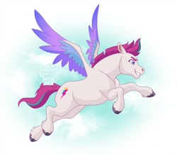 Size: 800x693 | Tagged: safe, artist:dartzuartz, imported from derpibooru, zipp storm, pegasus, cloud, colored wings, digital art, eyebrows, female, flying, g5, mare, multicolored wings, my little pony: a new generation, nostrils, raised hoof, side view, smiling, spread wings, unshorn fetlocks, watermark, wings