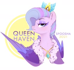 Size: 1630x1532 | Tagged: safe, artist:spoosha, imported from derpibooru, queen haven, pegasus, pony, abstract background, crown, female, g5, jewelry, looking at you, mare, necklace, regalia, simple background, solo, text