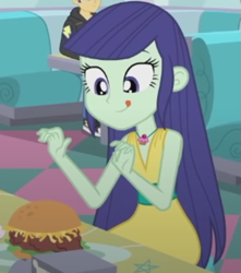 Size: 499x564 | Tagged: safe, imported from derpibooru, screencap, blueberry cake, flash sentry, equestria girls, equestria girls series, pinkie pie: snack psychic, burger, cropped, food, hamburger, sleeveless