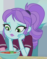 Size: 574x716 | Tagged: safe, imported from derpibooru, screencap, crystal lullaby, equestria girls, equestria girls series, pinkie pie: snack psychic, bowl, cropped, female, food, lipstick, solo, soup