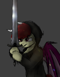 Size: 1561x2000 | Tagged: safe, artist:aaathebap, imported from derpibooru, oc, oc only, oc:aaaaaaaaaaa, bat pony, semi-anthro, clothes, colored sketch, dark souls, hoodie, simple background, solo, sword, weapon