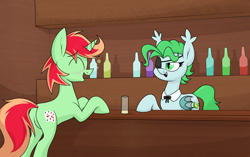 Size: 2990x1880 | Tagged: safe, artist:moonatik, imported from derpibooru, oc, oc only, oc:icy mint, oc:jonin, bat pony, pony, unicorn, bar, bat pony oc, blushing, bottle, bowtie, commission, drunk, female, glass, horn, laughing, male, mare, stallion, talking, unicorn oc