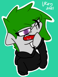 Size: 768x1024 | Tagged: safe, artist:ukedideka, imported from derpibooru, oc, oc only, oc:quizzical aphre, pony, clothes, eye clipping through hair, female, females only, floppy ears, heart tongue, hoodie, one eye closed, open mouth, sharp teeth, simple background, sleepy, solo, species:abstract, teeth, yawn