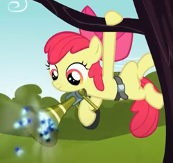 Size: 531x500 | Tagged: safe, imported from derpibooru, screencap, apple bloom, earth pony, pony, twittermite, bloom and gloom, cropped, hanging, pest pony, smiling, solo