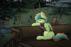 Size: 3000x1992 | Tagged: safe, artist:aaathebap, imported from derpibooru, oc, oc only, oc:kiwi, pegasus, pony, fallout equestria, detailed background, fallout, fanfic, forest, river, sleeping, solo