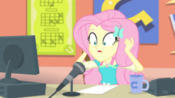 Size: 3410x1920 | Tagged: safe, imported from derpibooru, screencap, fluttershy, equestria girls, equestria girls series, fluttershy's butterflies, computer, female, fluttershy's butterflies: rainbow dash, geode of fauna, hairpin, jewelry, magical geodes, microphone, mug, necklace, open mouth, solo