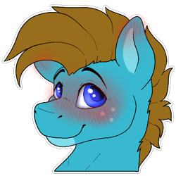 Size: 512x512 | Tagged: safe, artist:sursiq, imported from derpibooru, oc, oc only, oc:carbon, pegasus, pony, blue eyes, blushing, brown mane, fluffy hair, freckles, looking up, male, pegasus oc, raised eyebrows, smiling, solo, sticker, telegram sticker, wings