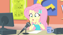 Size: 3410x1920 | Tagged: safe, imported from derpibooru, screencap, fluttershy, equestria girls, equestria girls series, fluttershy's butterflies, computer, female, fluttershy's butterflies: rainbow dash, geode of fauna, hairpin, jewelry, magical geodes, microphone, mug, necklace, open mouth, solo