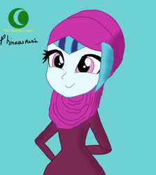 Size: 738x828 | Tagged: safe, artist:phineasmania, imported from derpibooru, sonata dusk, equestria girls, clothes, eyelashes, female, hijab, simple background, smiling, solo