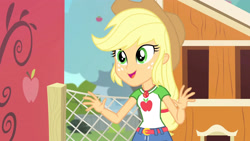 Size: 3410x1920 | Tagged: safe, imported from derpibooru, screencap, applejack, equestria girls, equestria girls series, fluttershy's butterflies, applejack's hat, belt, clothes, cowboy hat, cute, cutie mark, cutie mark on clothes, denim skirt, female, fluttershy's butterflies: applejack, geode of super strength, hat, jackabetes, jewelry, magical geodes, necklace, open mouth, skirt, solo