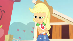 Size: 3410x1920 | Tagged: safe, imported from derpibooru, screencap, applejack, equestria girls, equestria girls series, fluttershy's butterflies, applejack's hat, belt, clothes, cowboy hat, crossed arms, cute, cutie mark, cutie mark on clothes, denim skirt, female, fluttershy's butterflies: applejack, geode of super strength, hat, jackabetes, jewelry, magical geodes, necklace, skirt, smiling, solo